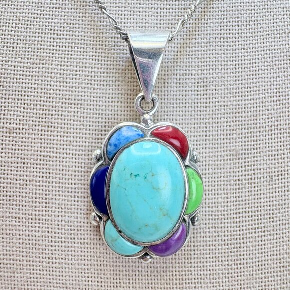 VTG Sterling Silver 925 Multi-Color Turquoise Pendant Necklace Size 17.5" Length - Picture 1 of 13